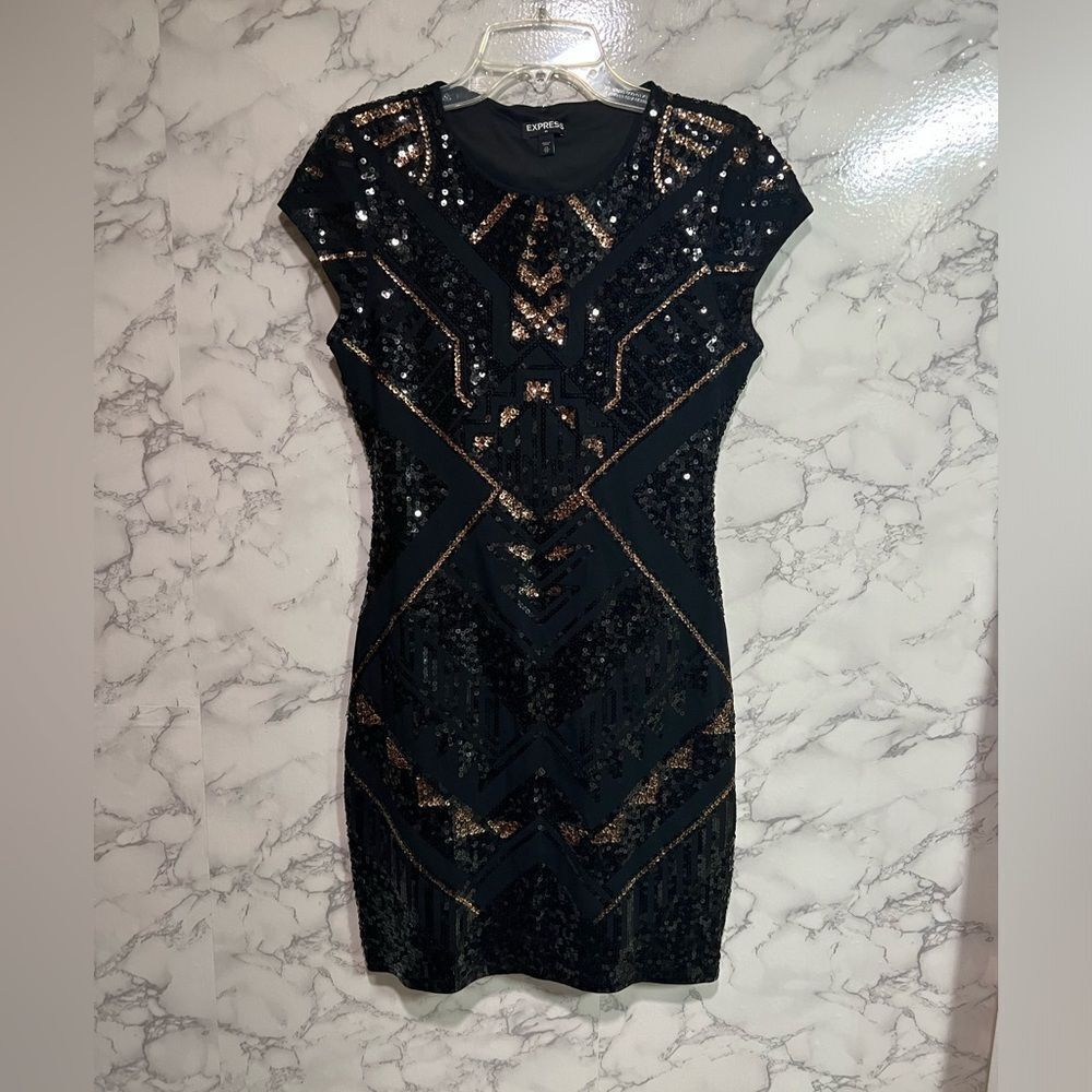 Express Black Mini Dress with Gold Sequin Accents